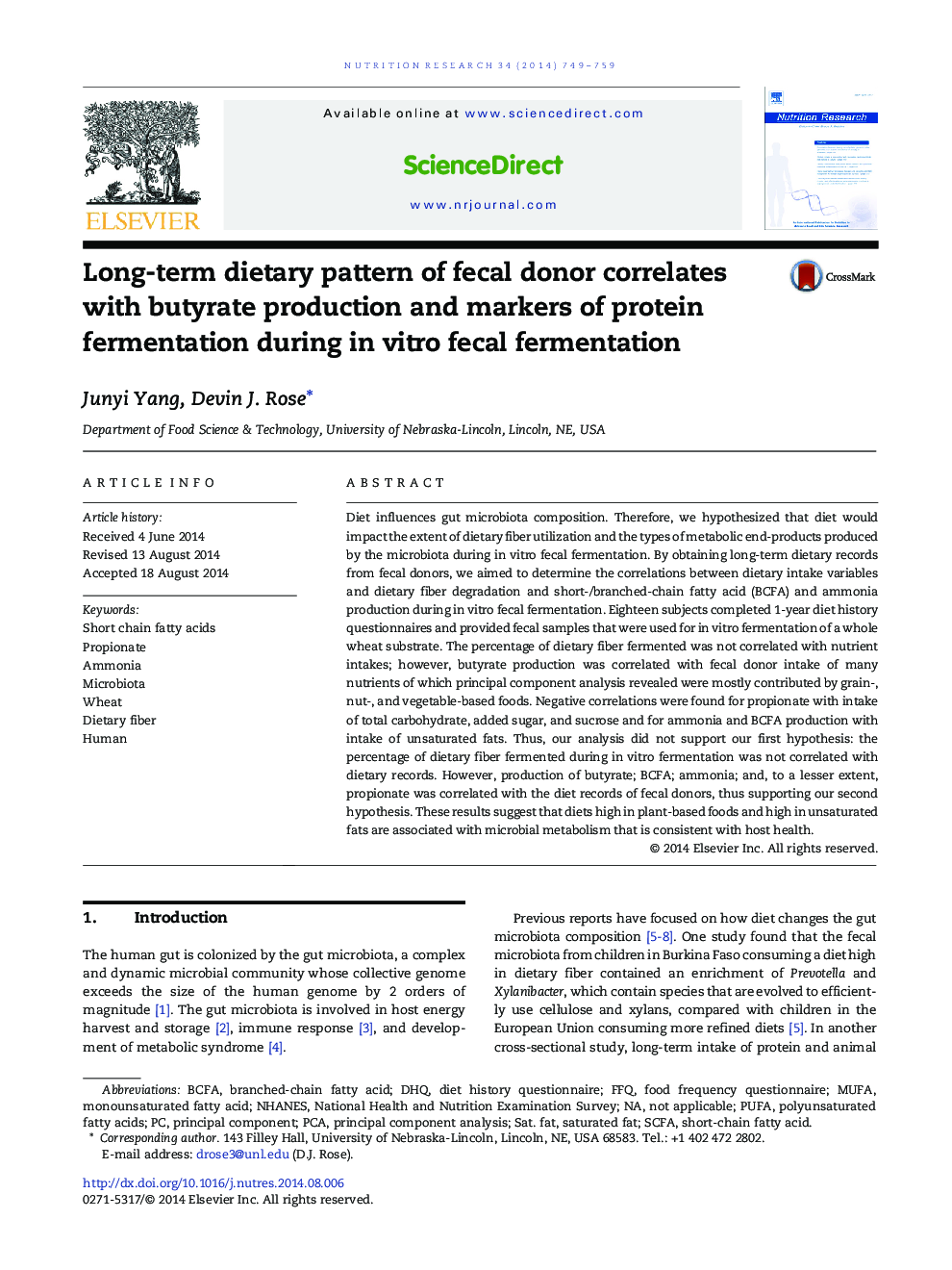 Long-term dietary pattern of fecal donor correlates with butyrate production and markers of protein fermentation during in vitro fecal fermentation