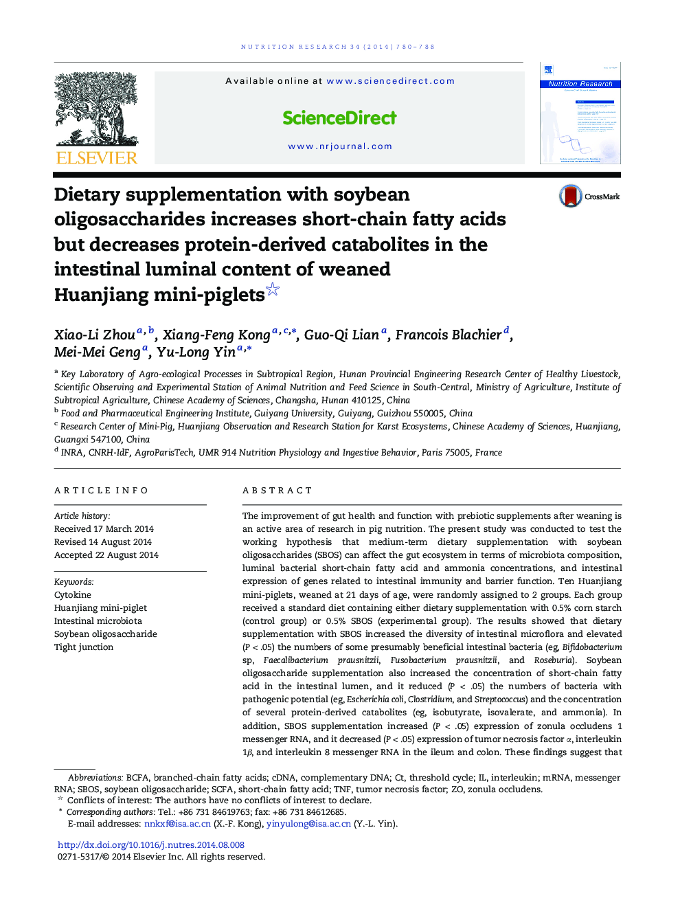 Dietary supplementation with soybean oligosaccharides increases short-chain fatty acids but decreases protein-derived catabolites in the intestinal luminal content of weaned Huanjiang mini-piglets 