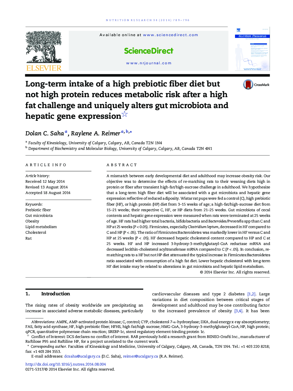 Long-term intake of a high prebiotic fiber diet but not high protein reduces metabolic risk after a high fat challenge and uniquely alters gut microbiota and hepatic gene expression 
