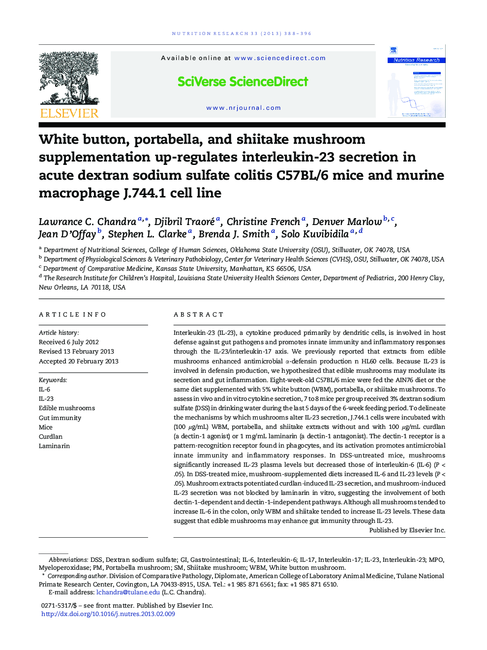 White button, portabella, and shiitake mushroom supplementation up-regulates interleukin-23 secretion in acute dextran sodium sulfate colitis C57BL/6 mice and murine macrophage J.744.1 cell line