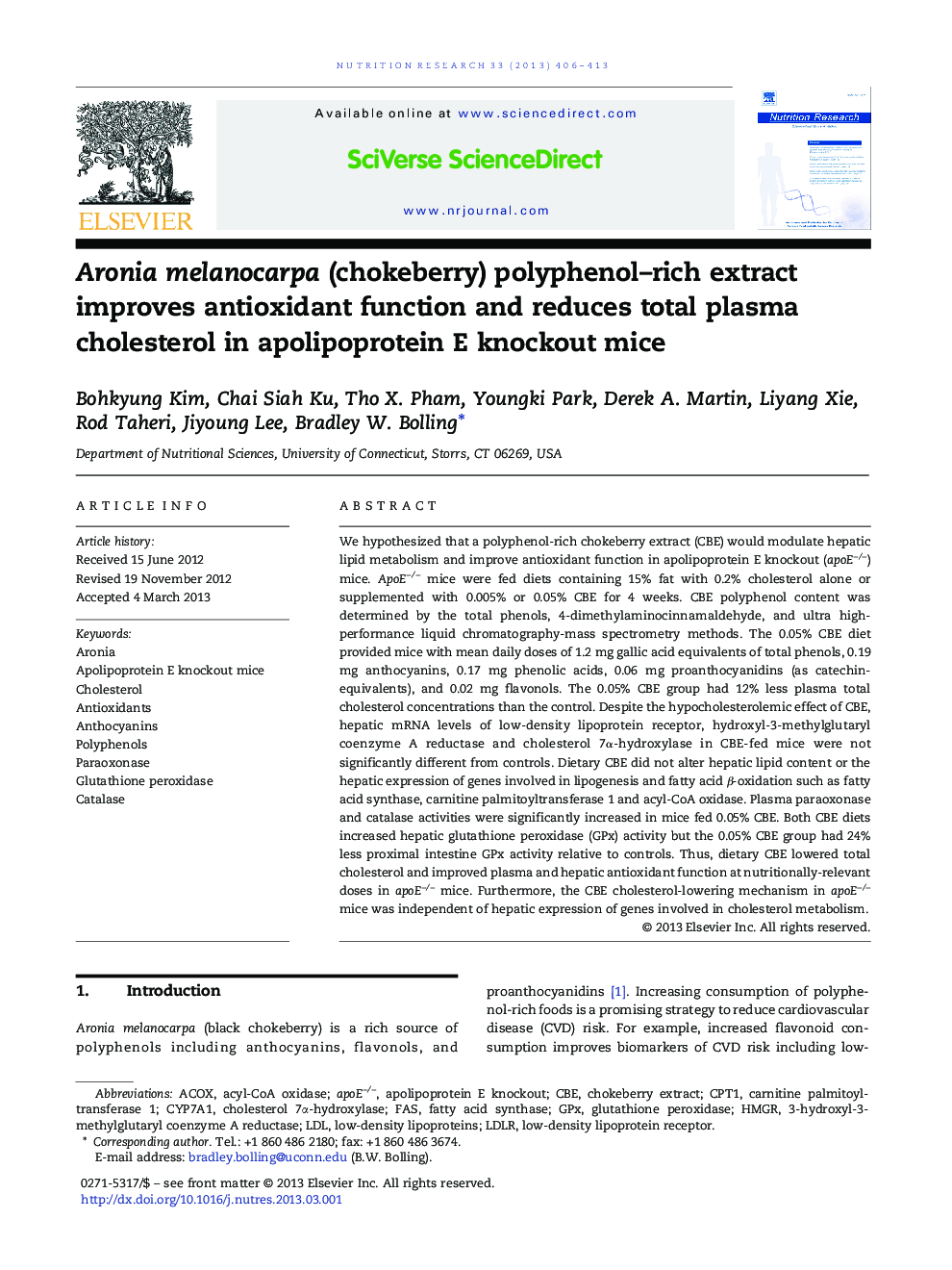 Aronia melanocarpa (chokeberry) polyphenol–rich extract improves antioxidant function and reduces total plasma cholesterol in apolipoprotein E knockout mice