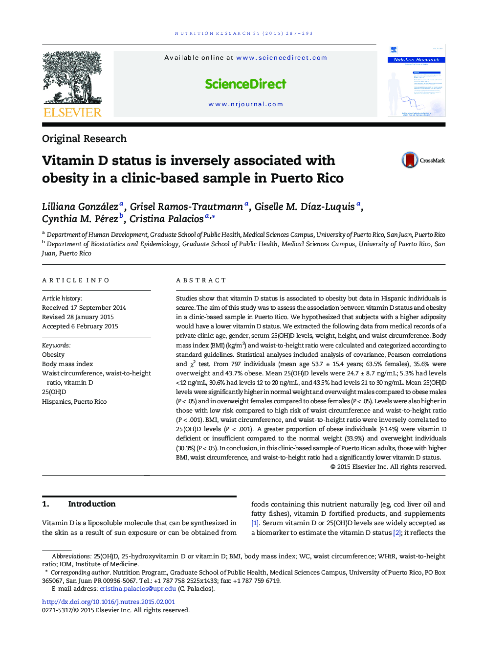 Vitamin D status is inversely associated with obesity in a clinic-based sample in Puerto Rico