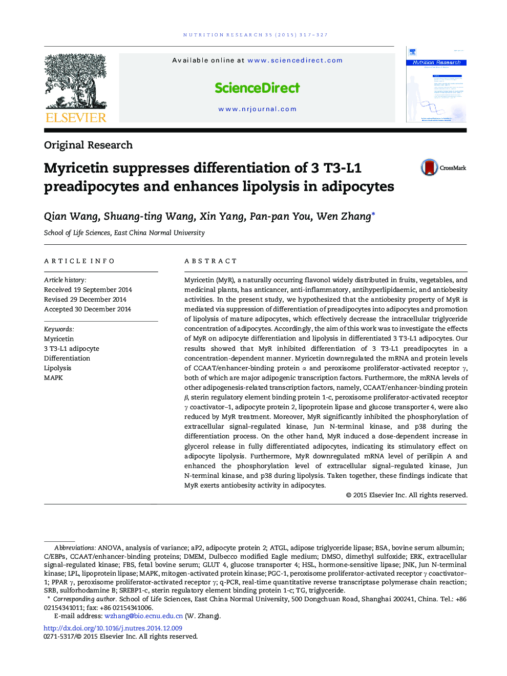 Myricetin suppresses differentiation of 3 T3-L1 preadipocytes and enhances lipolysis in adipocytes