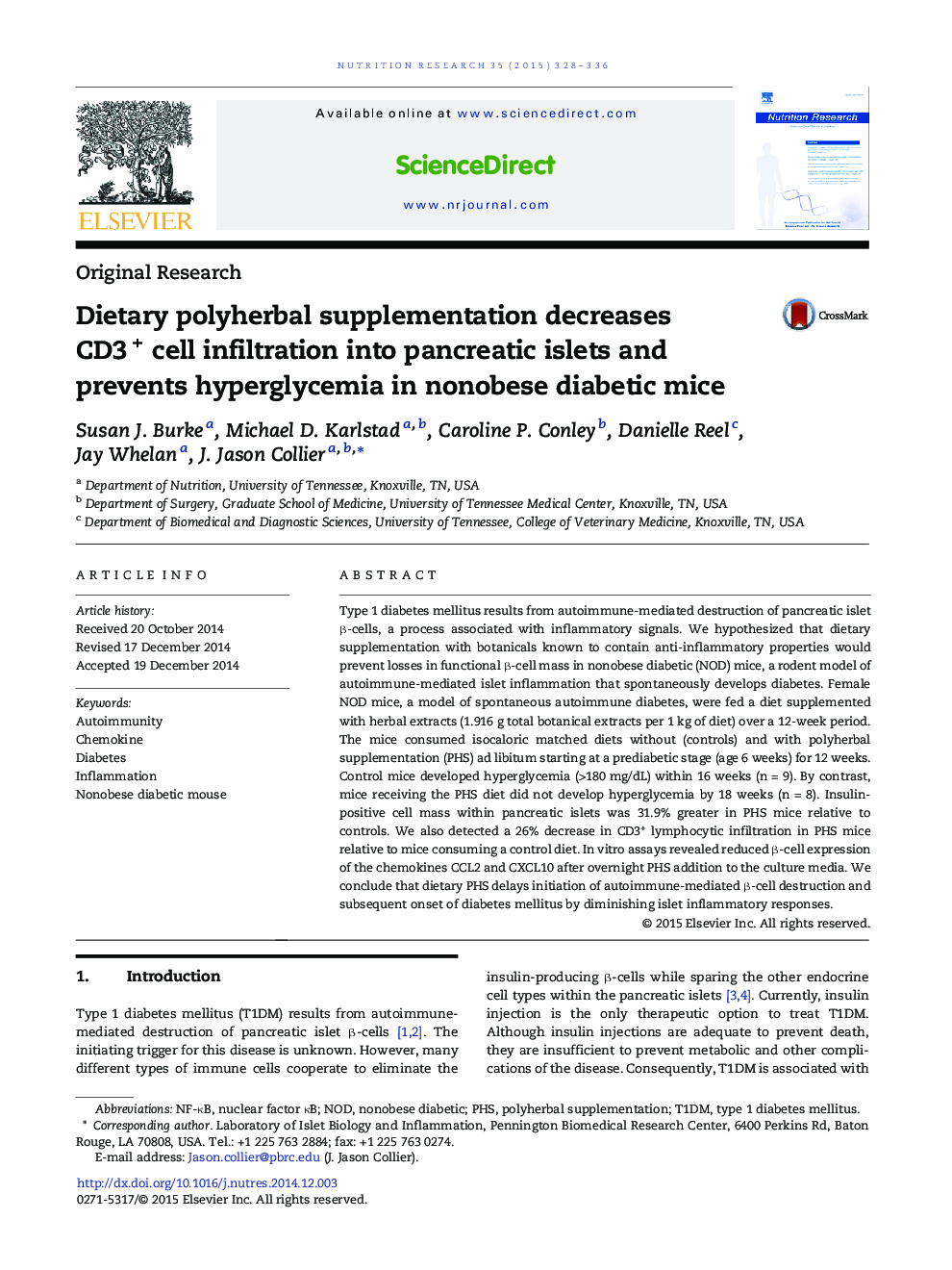 Dietary polyherbal supplementation decreases CD3+ cell infiltration into pancreatic islets and prevents hyperglycemia in nonobese diabetic mice