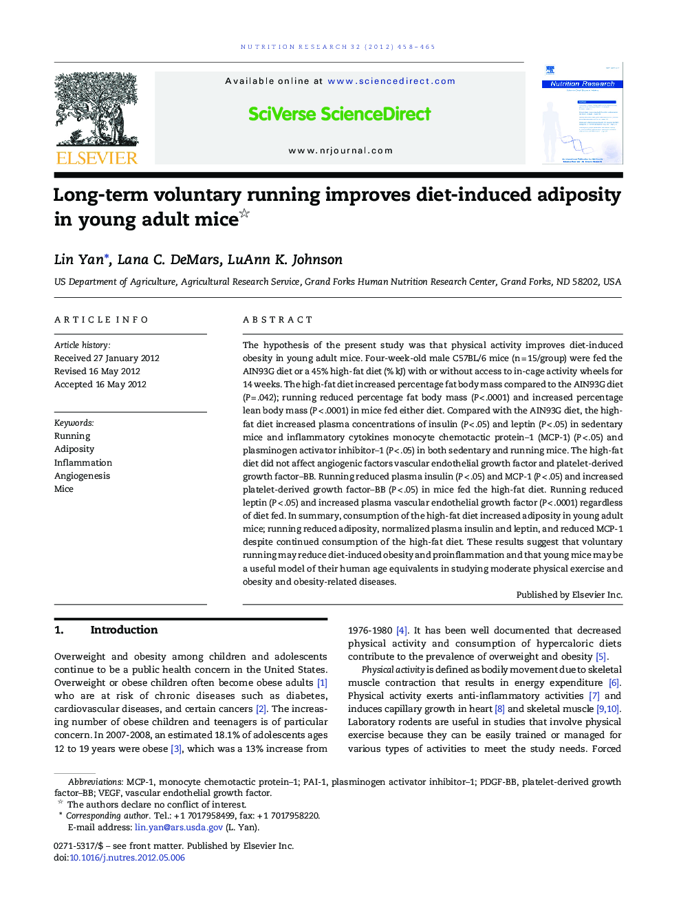 Long-term voluntary running improves diet-induced adiposity in young adult mice 