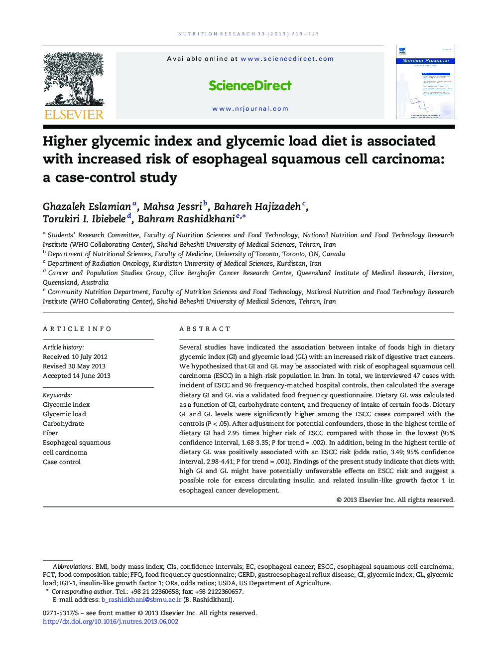 Higher glycemic index and glycemic load diet is associated with increased risk of esophageal squamous cell carcinoma: a case-control study