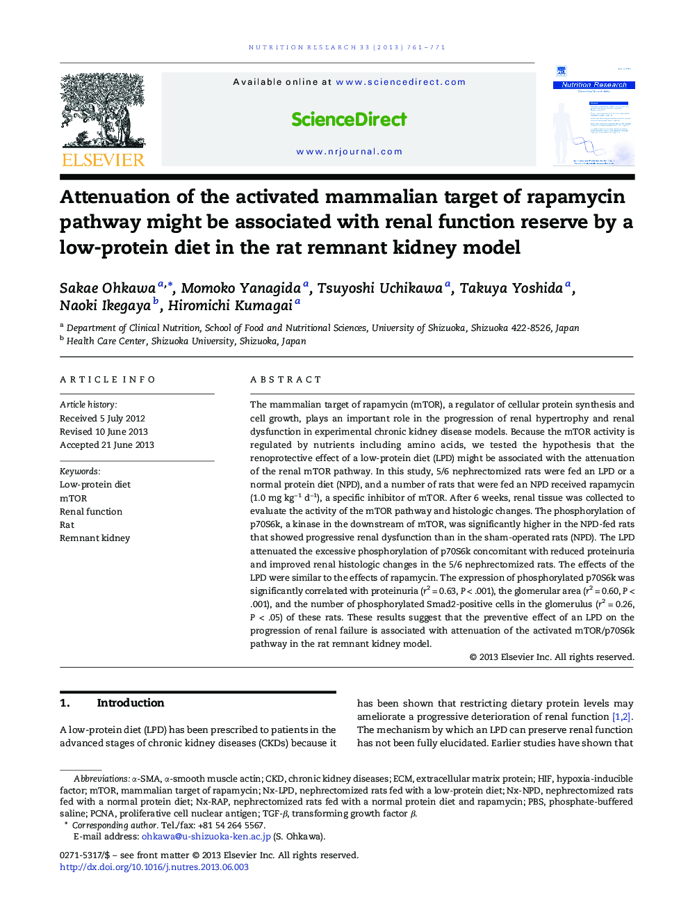 Attenuation of the activated mammalian target of rapamycin pathway might be associated with renal function reserve by a low-protein diet in the rat remnant kidney model