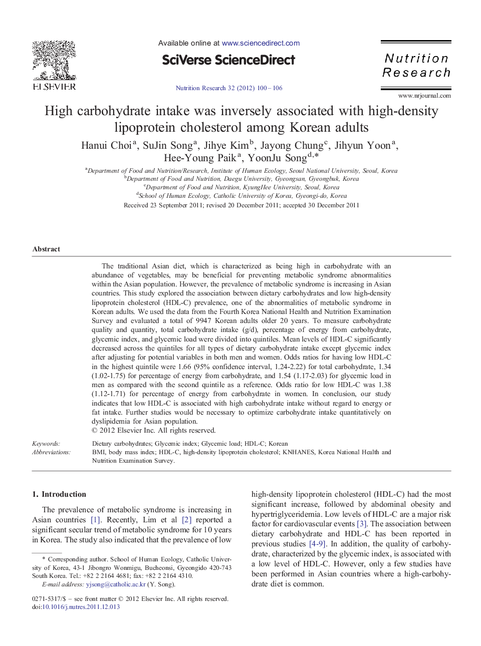 High carbohydrate intake was inversely associated with high-density lipoprotein cholesterol among Korean adults