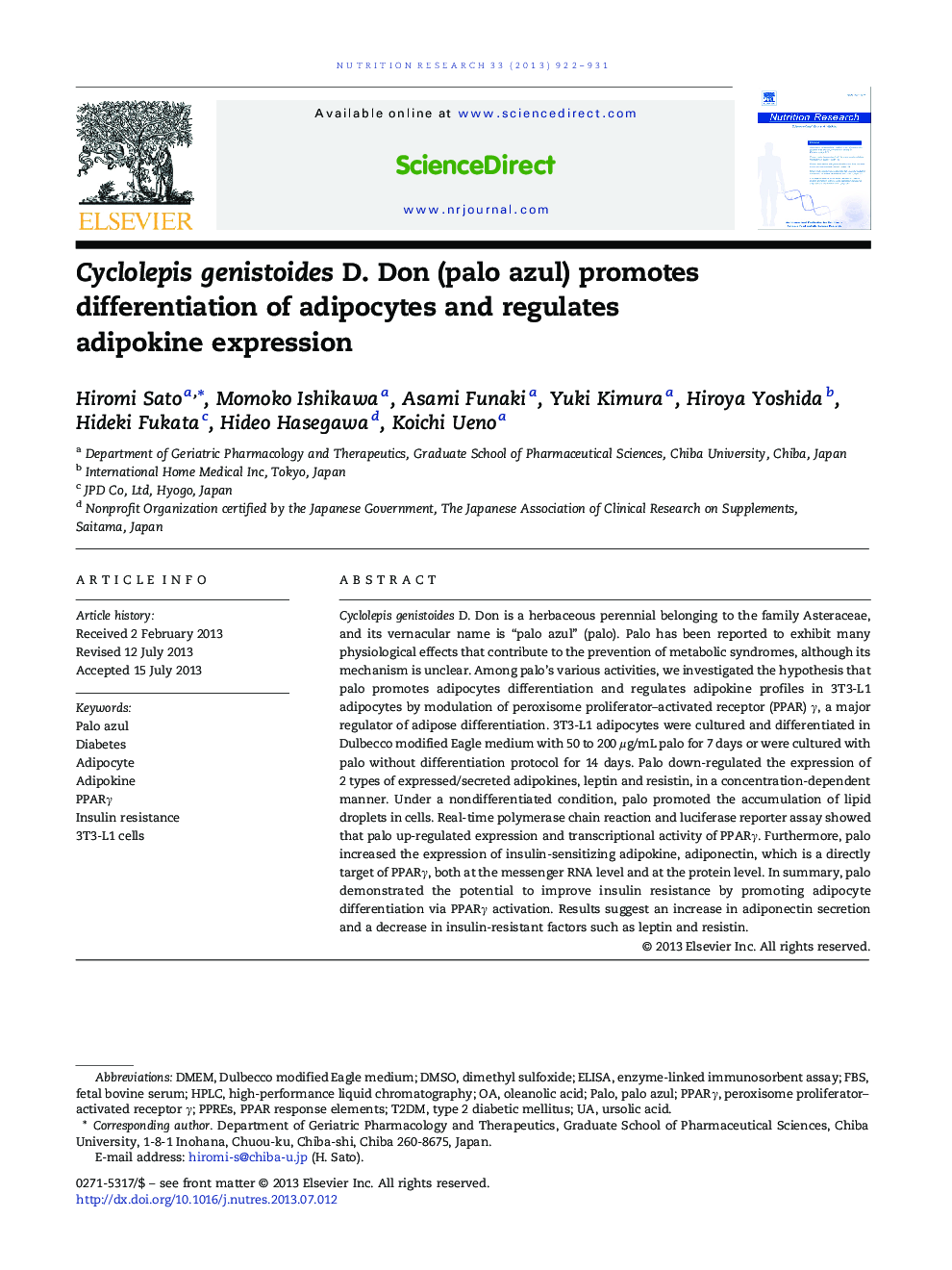 Cyclolepis genistoides D. Don (palo azul) promotes differentiation of adipocytes and regulates adipokine expression