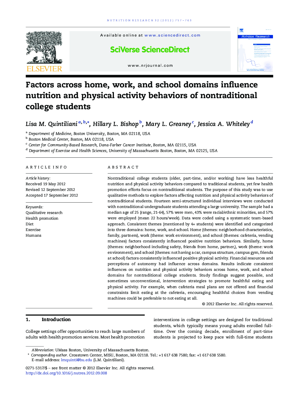 Factors across home, work, and school domains influence nutrition and physical activity behaviors of nontraditional college students