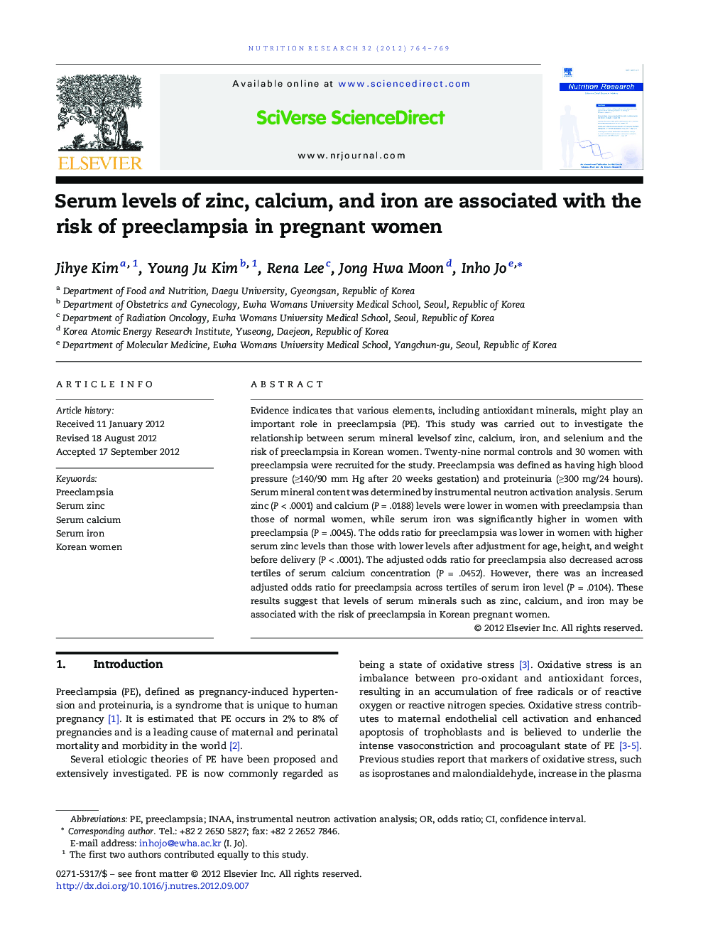 Serum levels of zinc, calcium, and iron are associated with the risk of preeclampsia in pregnant women