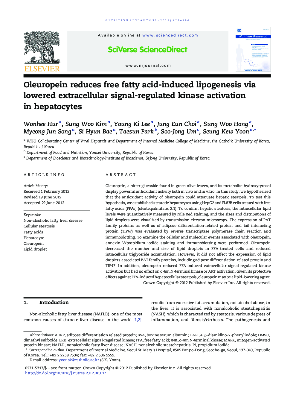 Oleuropein reduces free fatty acid-induced lipogenesis via lowered extracellular signal-regulated kinase activation in hepatocytes