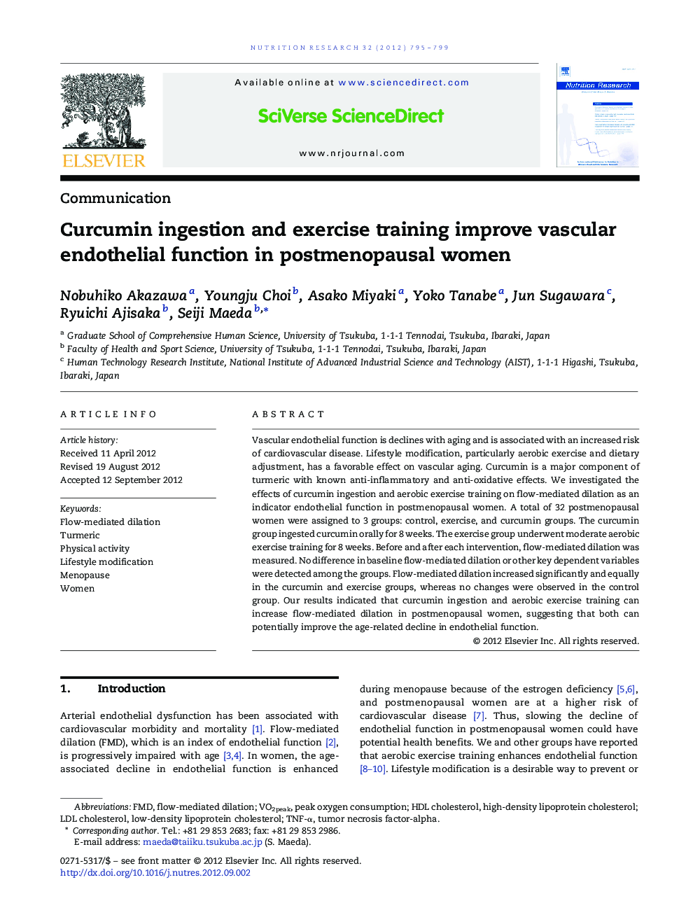 Curcumin ingestion and exercise training improve vascular endothelial function in postmenopausal women