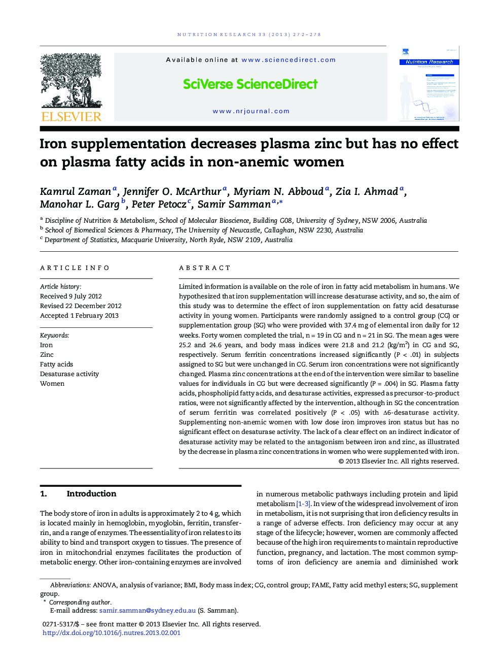 Iron supplementation decreases plasma zinc but has no effect on plasma fatty acids in non-anemic women