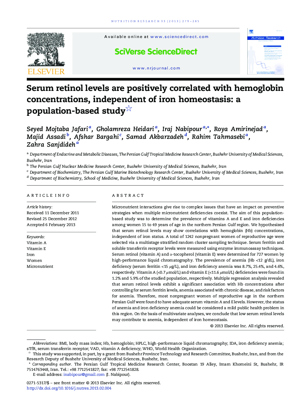 Serum retinol levels are positively correlated with hemoglobin concentrations, independent of iron homeostasis: a population-based study 