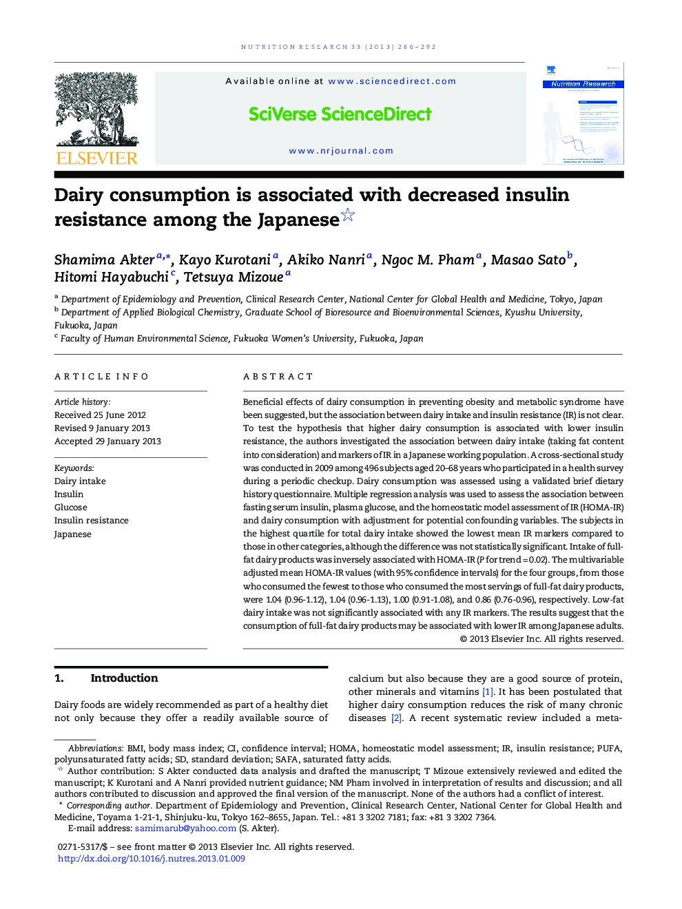 Dairy consumption is associated with decreased insulin resistance among the Japanese 