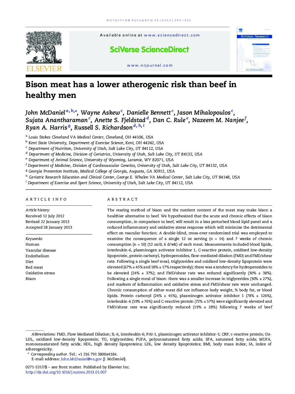 Bison meat has a lower atherogenic risk than beef in healthy men