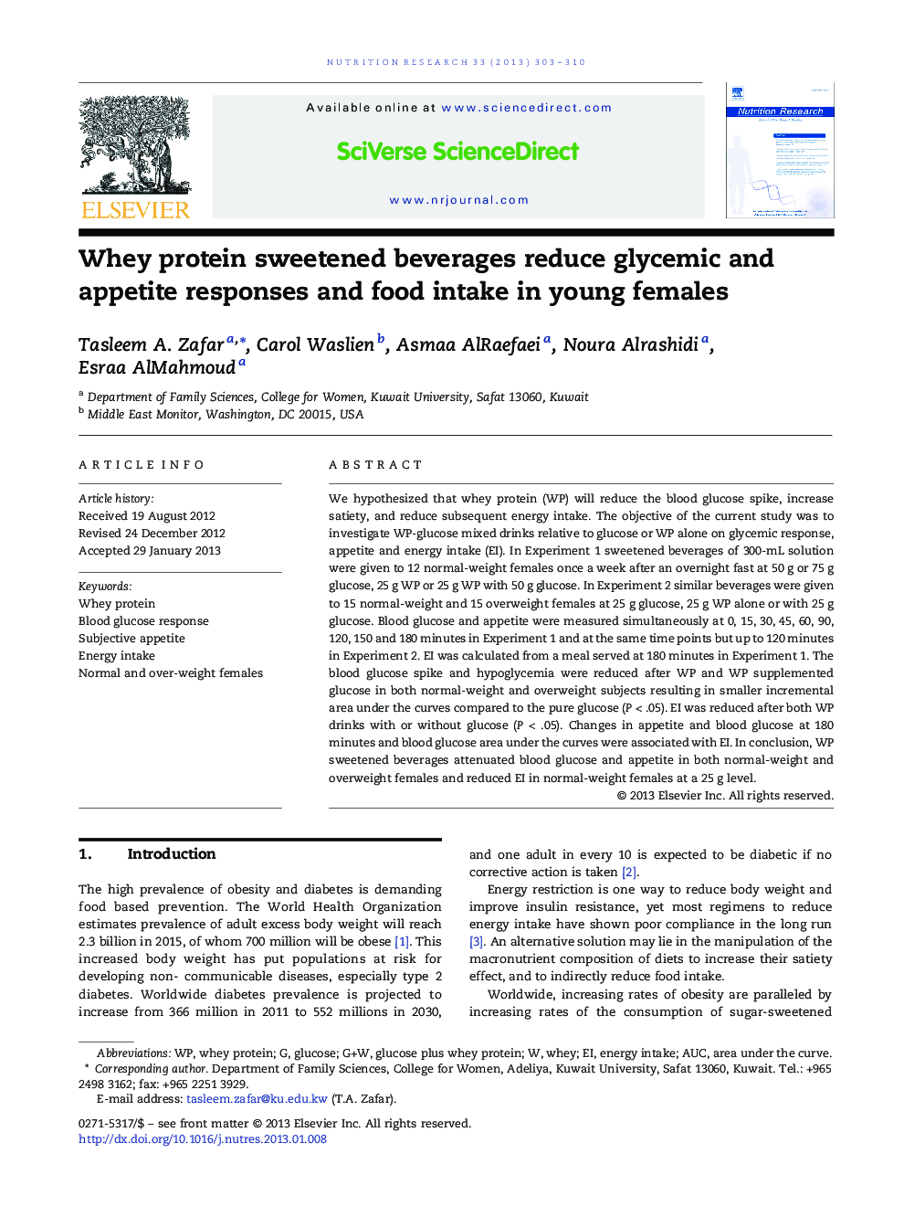 Whey protein sweetened beverages reduce glycemic and appetite responses and food intake in young females