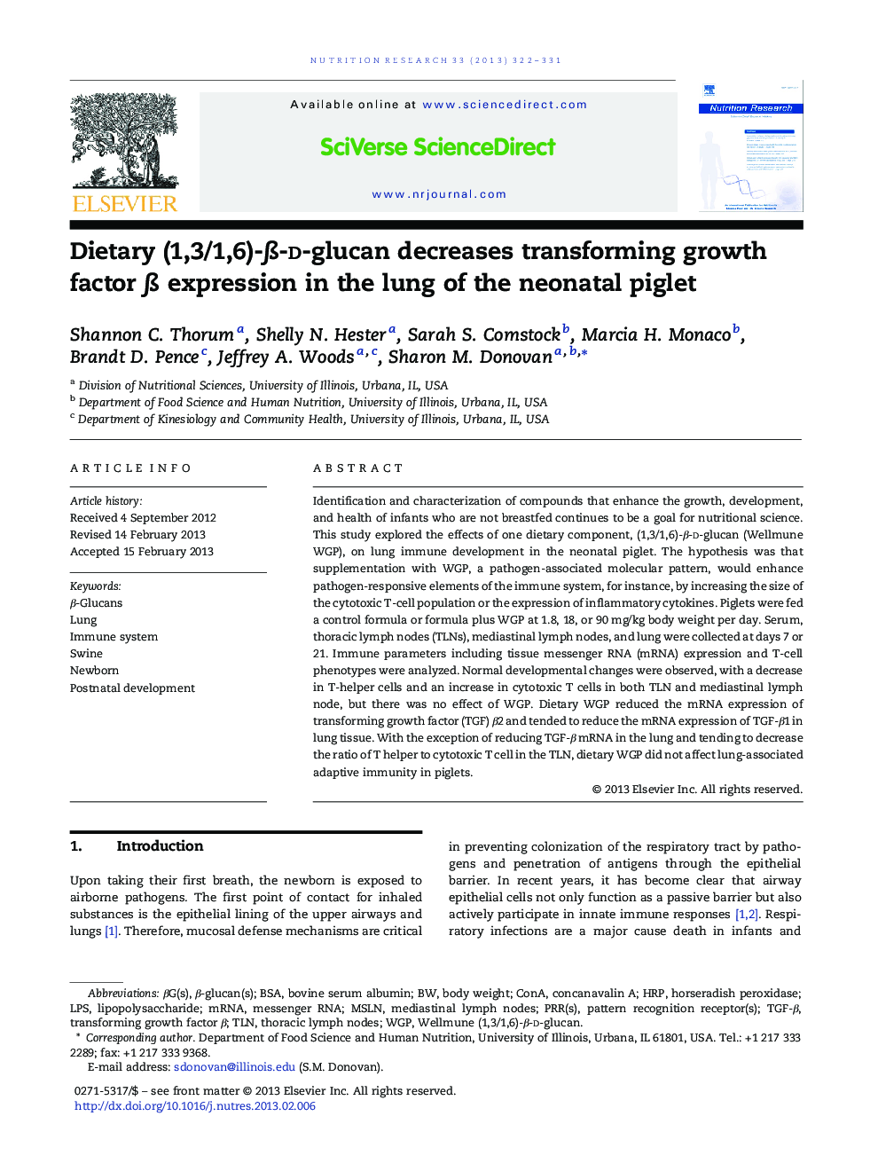 Dietary (1,3/1,6)-β-d-glucan decreases transforming growth factor β expression in the lung of the neonatal piglet