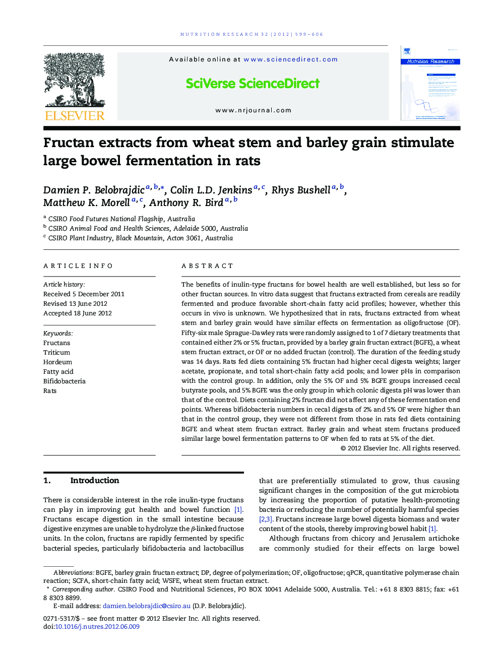 Fructan extracts from wheat stem and barley grain stimulate large bowel fermentation in rats