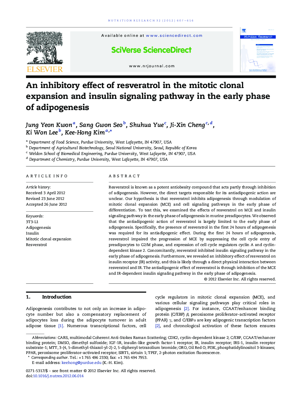 An inhibitory effect of resveratrol in the mitotic clonal expansion and insulin signaling pathway in the early phase of adipogenesis