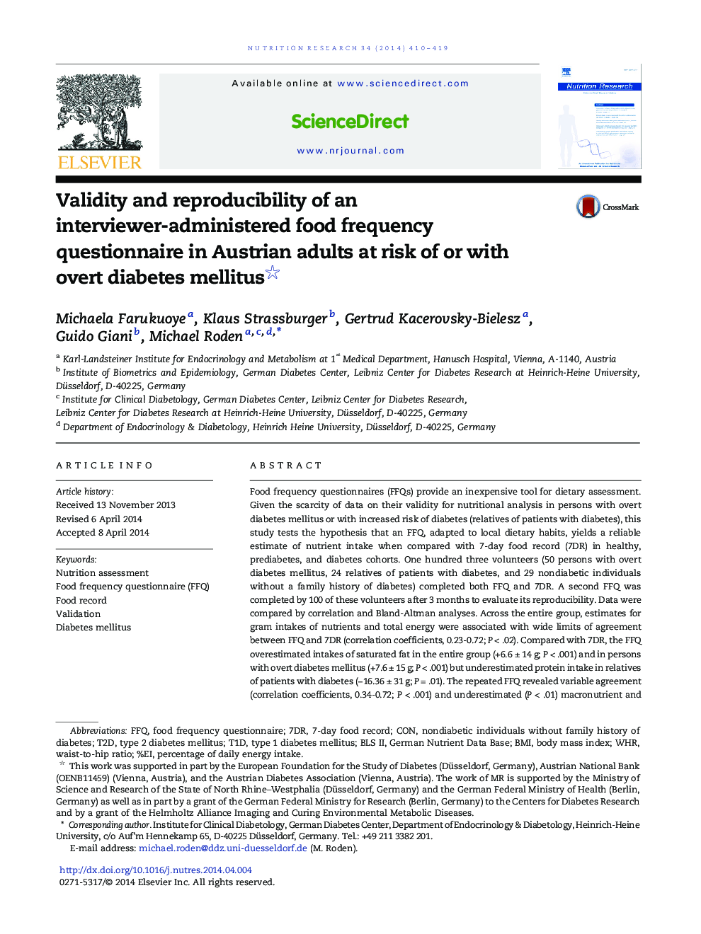 Validity and reproducibility of an interviewer-administered food frequency questionnaire in Austrian adults at risk of or with overt diabetes mellitus 