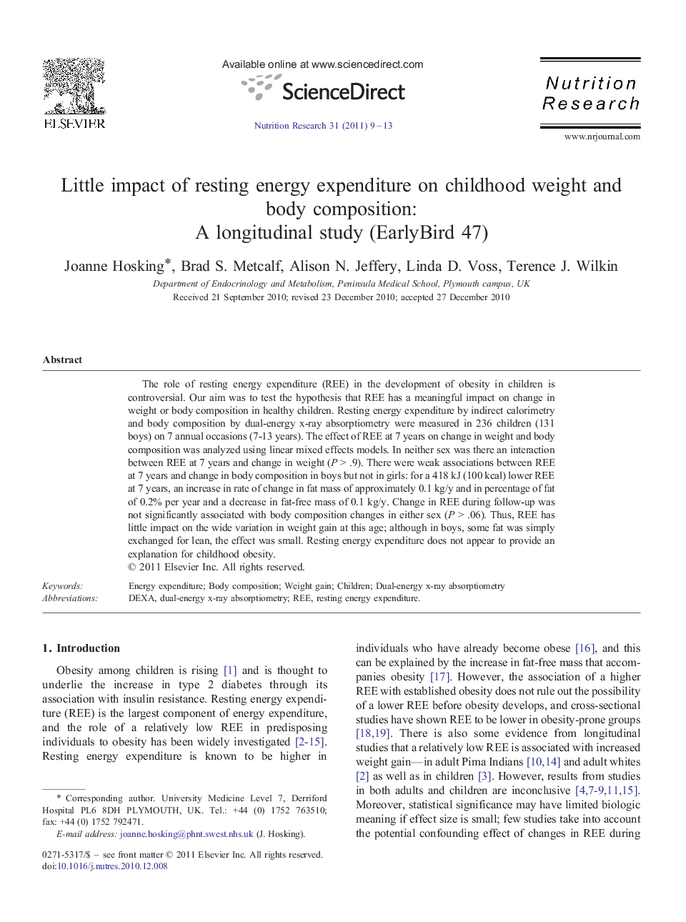 Little impact of resting energy expenditure on childhood weight and body composition:: A longitudinal study (EarlyBird 47)