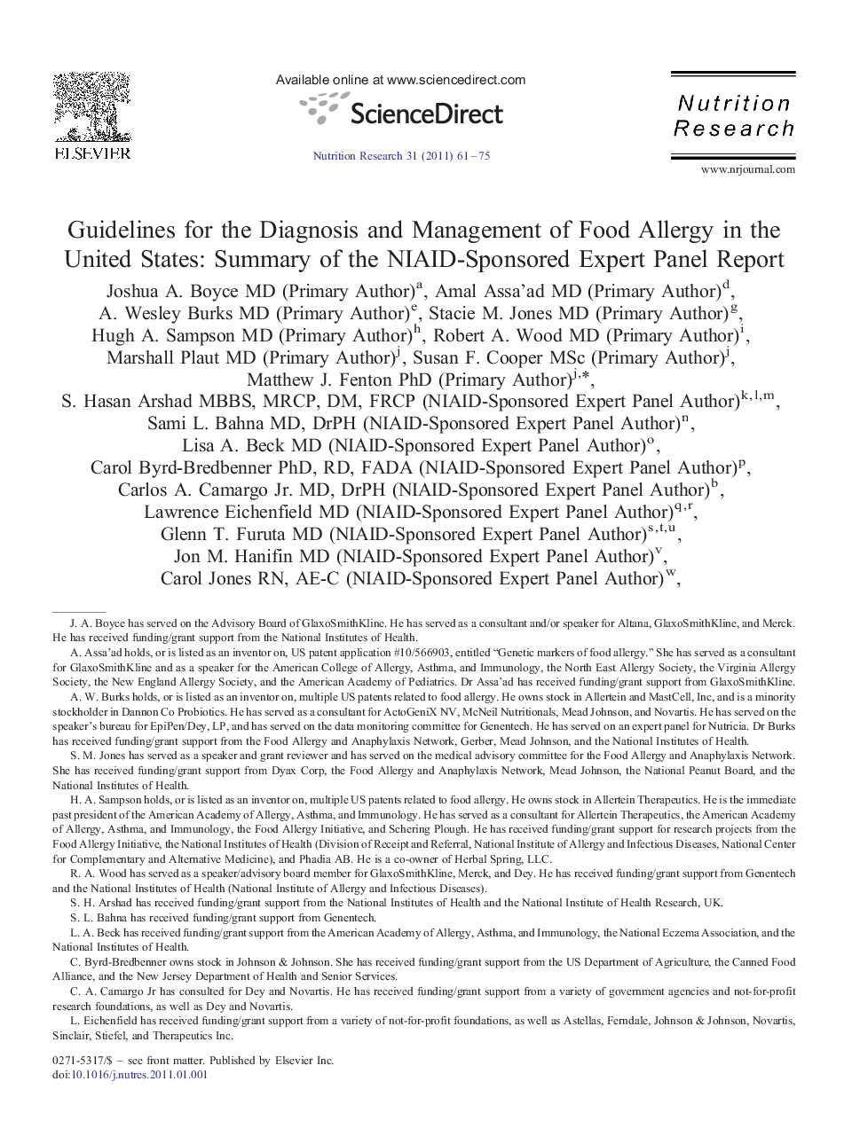 Guidelines for the Diagnosis and Management of Food Allergy in the United States: Summary of the NIAID-Sponsored Expert Panel Report