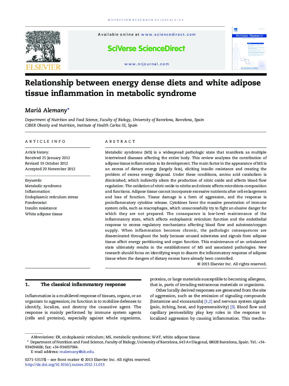 Relationship between energy dense diets and white adipose tissue inflammation in metabolic syndrome