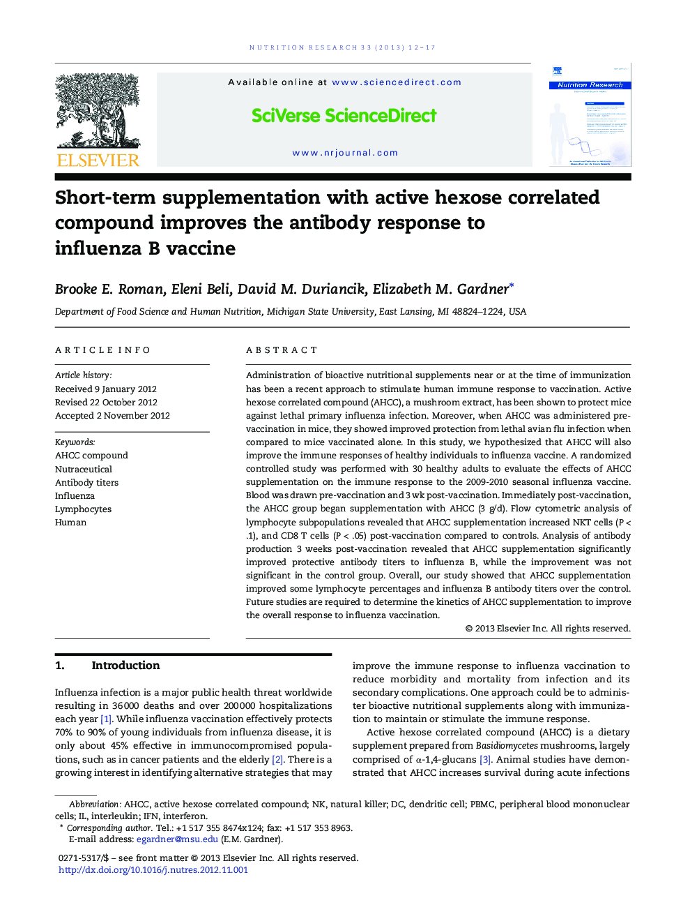 Short-term supplementation with active hexose correlated compound improves the antibody response to influenza B vaccine