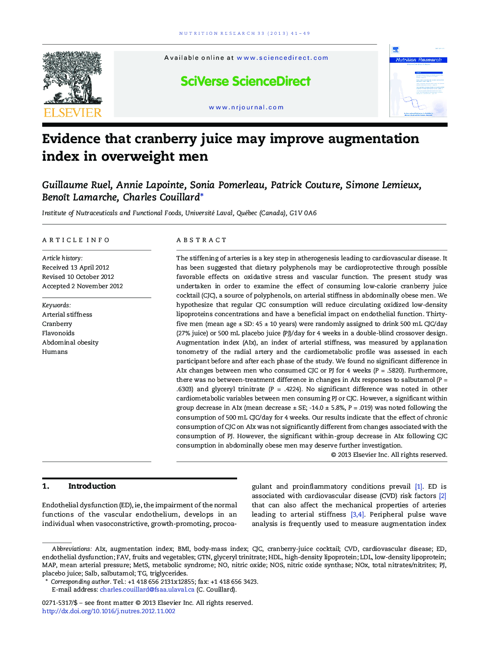 Evidence that cranberry juice may improve augmentation index in overweight men
