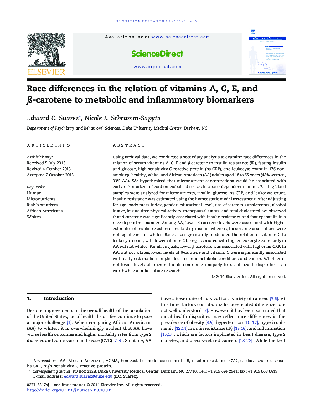 Race differences in the relation of vitamins A, C, E, and β-carotene to metabolic and inflammatory biomarkers