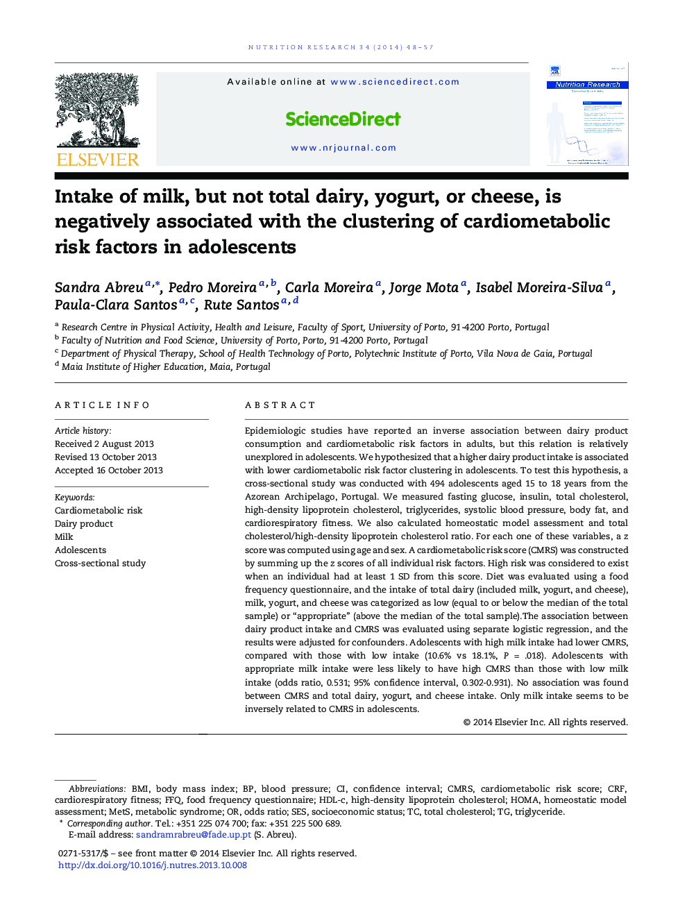 Intake of milk, but not total dairy, yogurt, or cheese, is negatively associated with the clustering of cardiometabolic risk factors in adolescents