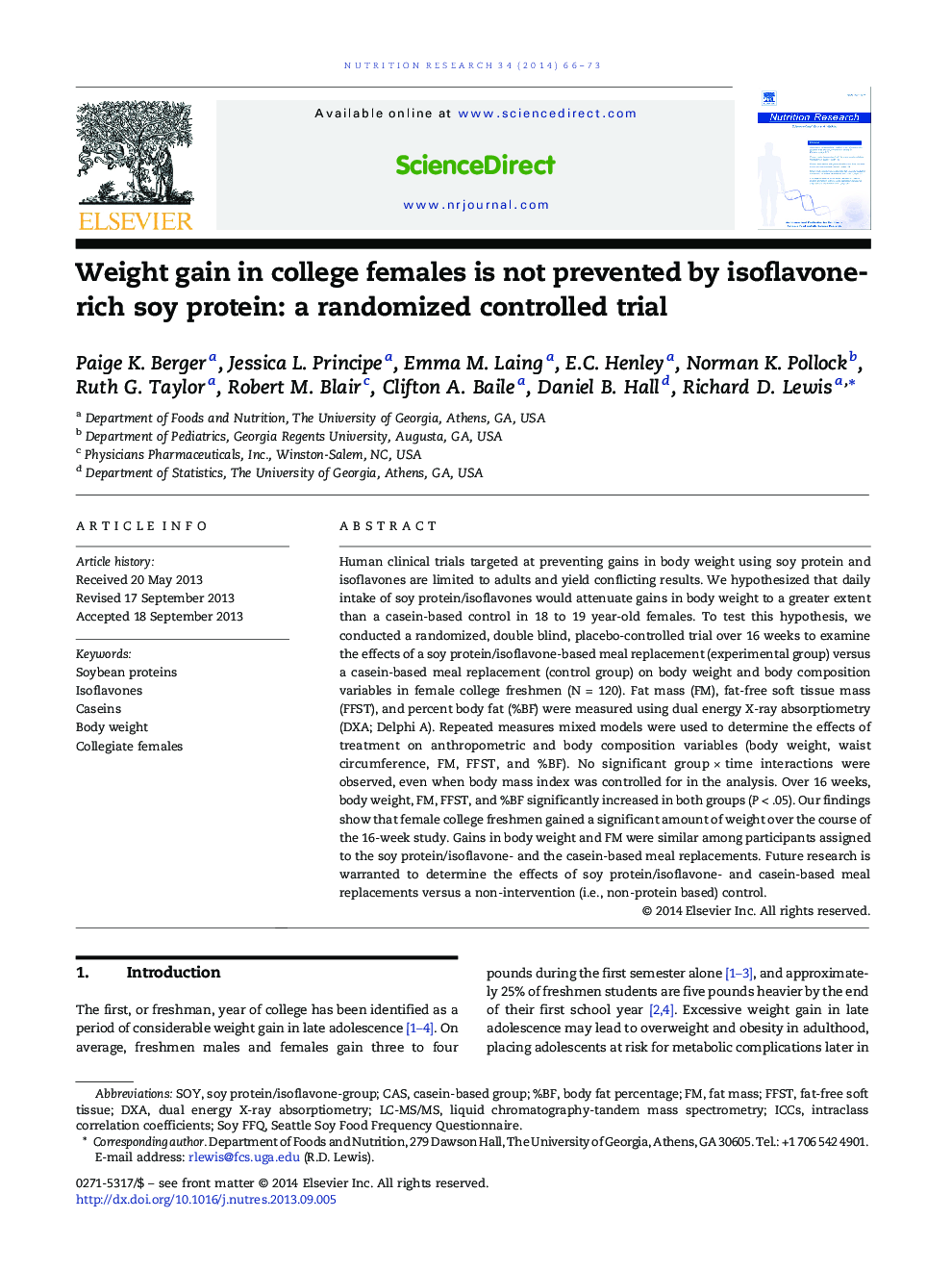 Weight gain in college females is not prevented by isoflavone-rich soy protein: a randomized controlled trial