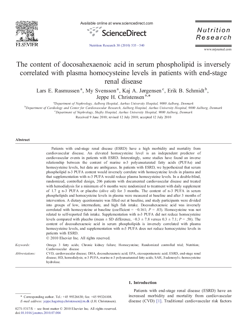 The content of docosahexaenoic acid in serum phospholipid is inversely correlated with plasma homocysteine levels in patients with end-stage renal disease