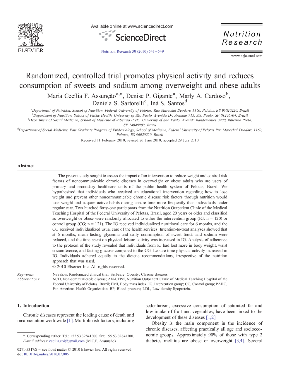 Randomized, controlled trial promotes physical activity and reduces consumption of sweets and sodium among overweight and obese adults