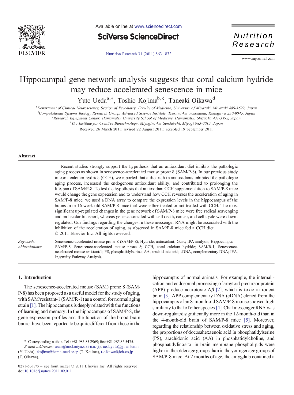 Hippocampal gene network analysis suggests that coral calcium hydride may reduce accelerated senescence in mice