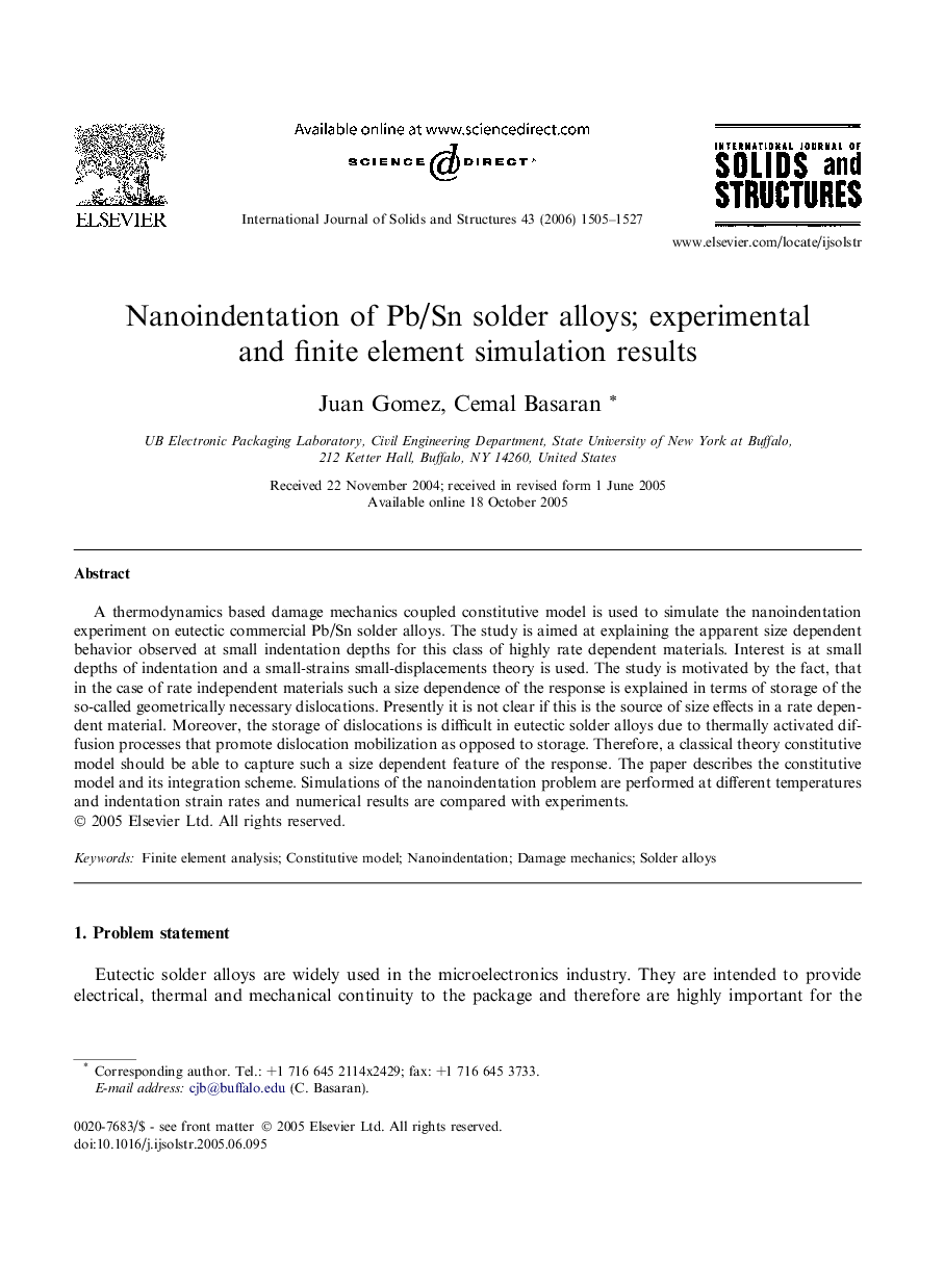 Nanoindentation of Pb/Sn solder alloys; experimental and finite element simulation results