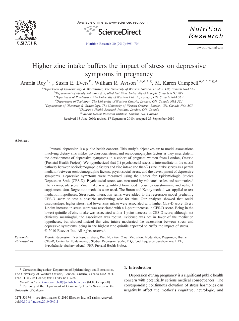 Higher zinc intake buffers the impact of stress on depressive symptoms in pregnancy