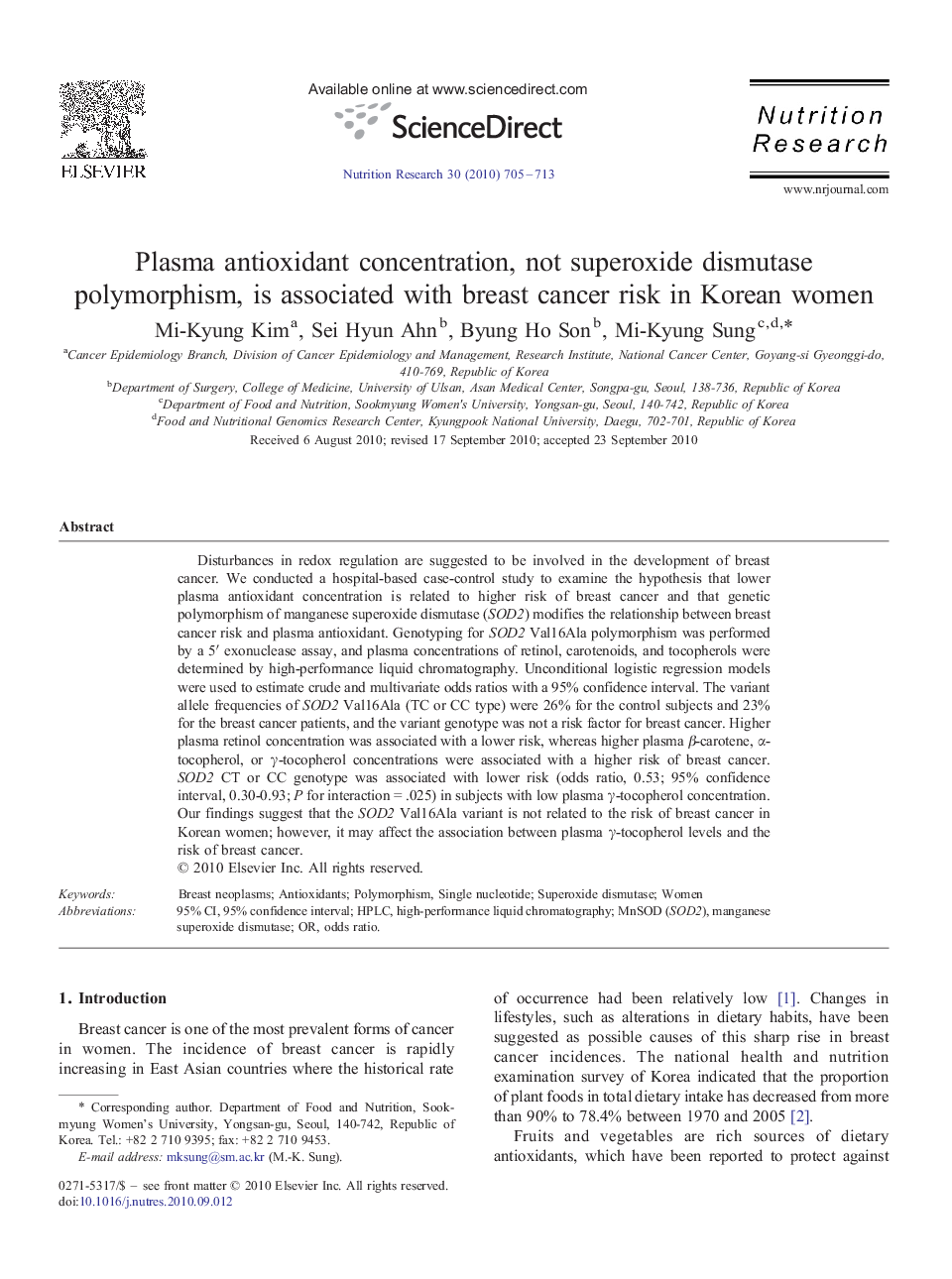 Plasma antioxidant concentration, not superoxide dismutase polymorphism, is associated with breast cancer risk in Korean women