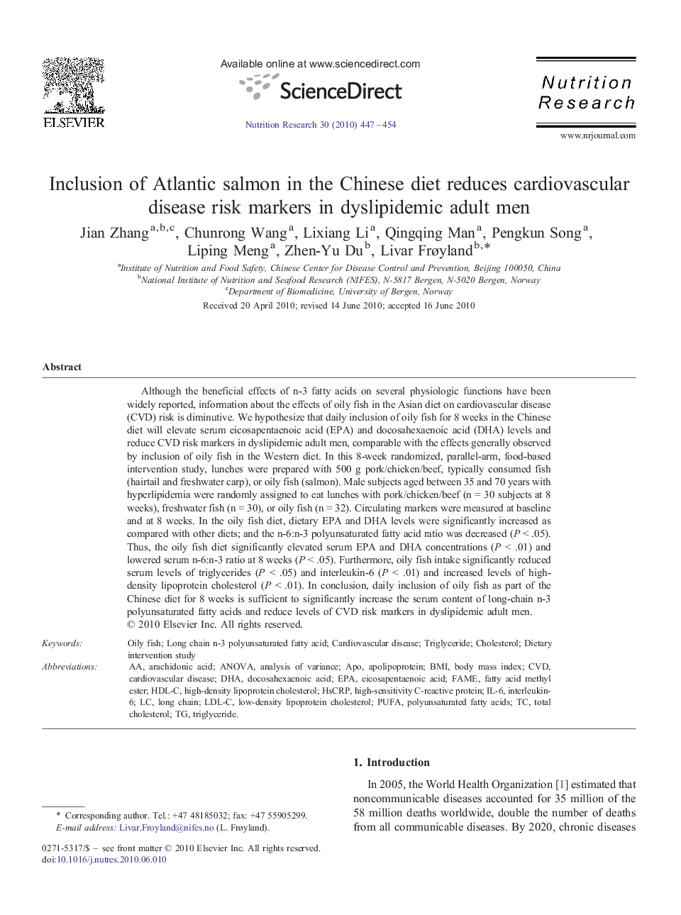 Inclusion of Atlantic salmon in the Chinese diet reduces cardiovascular disease risk markers in dyslipidemic adult men