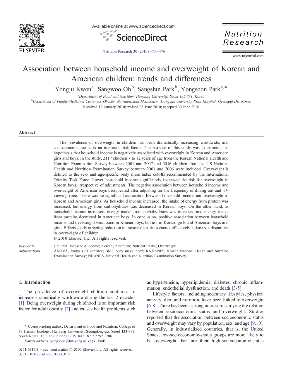 Association between household income and overweight of Korean and American children: trends and differences