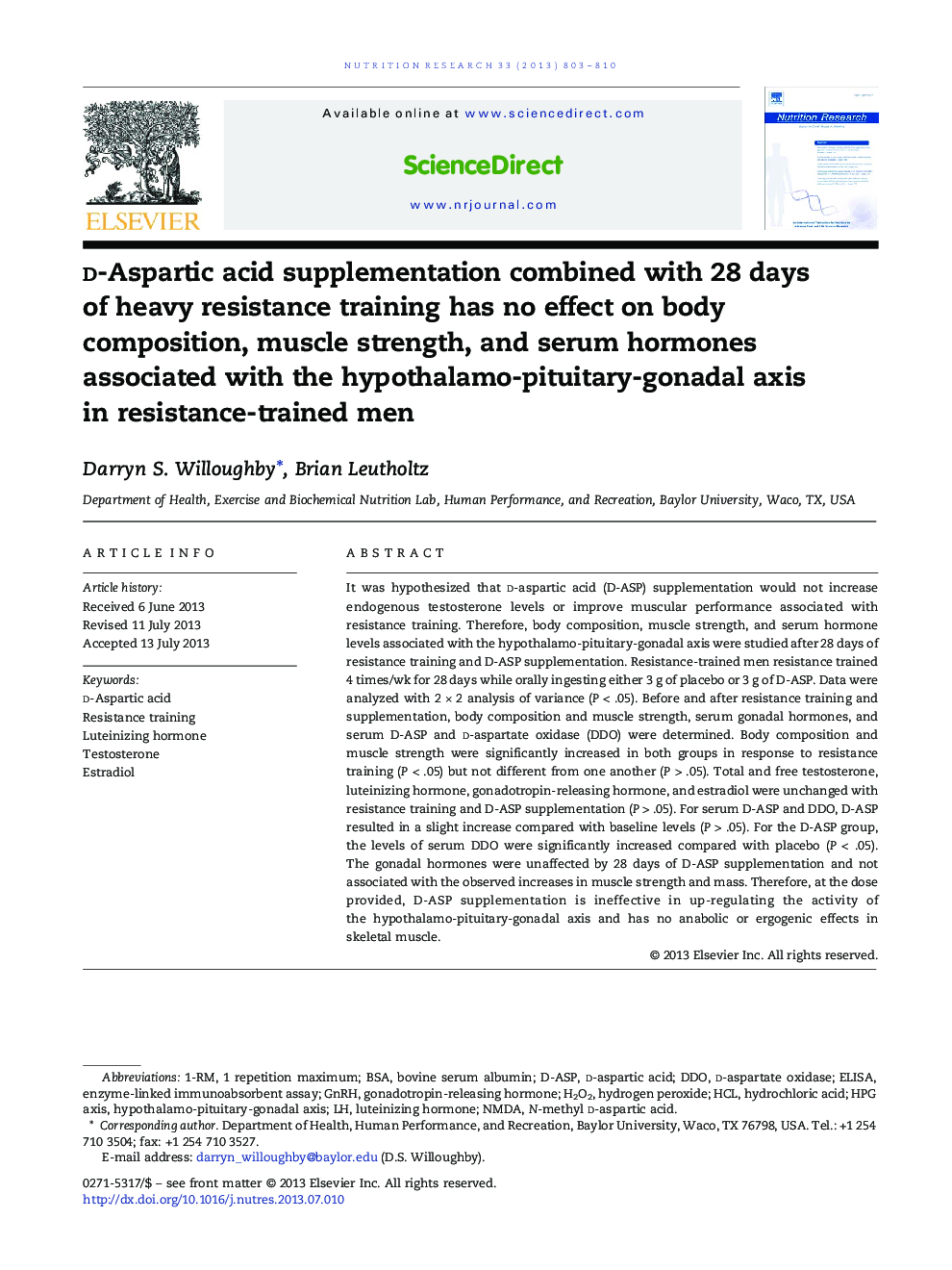 d-Aspartic acid supplementation combined with 28 days of heavy resistance training has no effect on body composition, muscle strength, and serum hormones associated with the hypothalamo-pituitary-gonadal axis in resistance-trained men