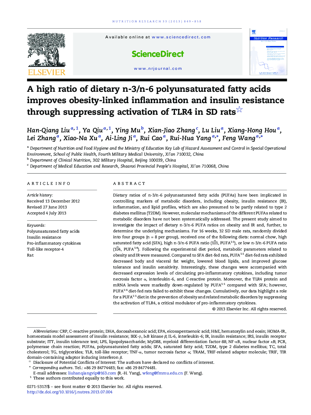 A high ratio of dietary n-3/n-6 polyunsaturated fatty acids improves obesity-linked inflammation and insulin resistance through suppressing activation of TLR4 in SD rats 