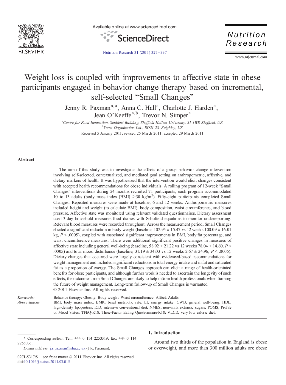 Weight loss is coupled with improvements to affective state in obese participants engaged in behavior change therapy based on incremental, self-selected “Small Changes”