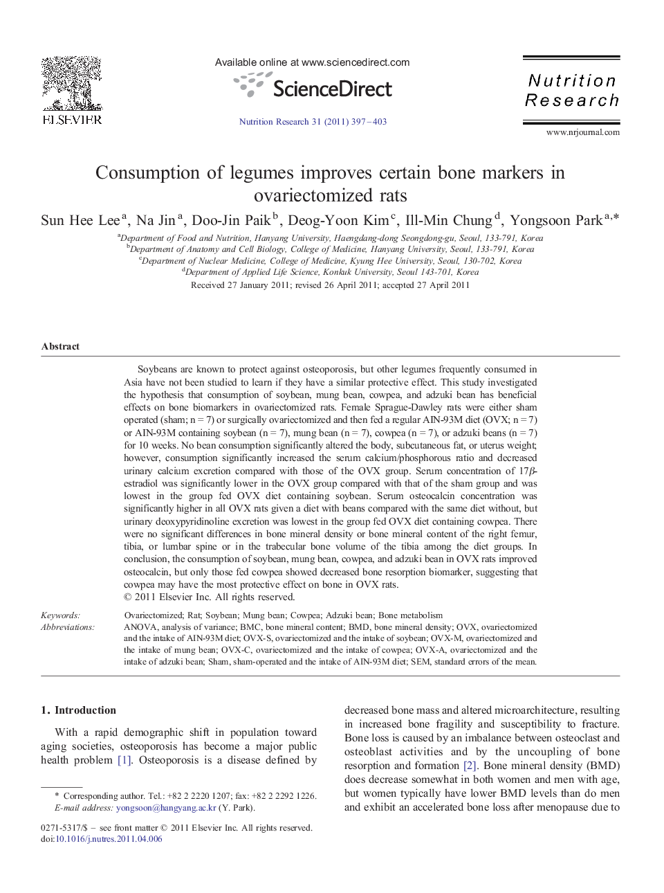 Consumption of legumes improves certain bone markers in ovariectomized rats