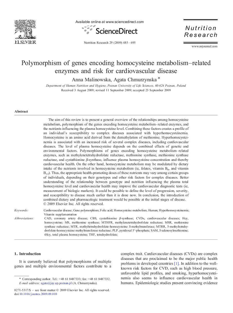 Polymorphism of genes encoding homocysteine metabolism–related enzymes and risk for cardiovascular disease