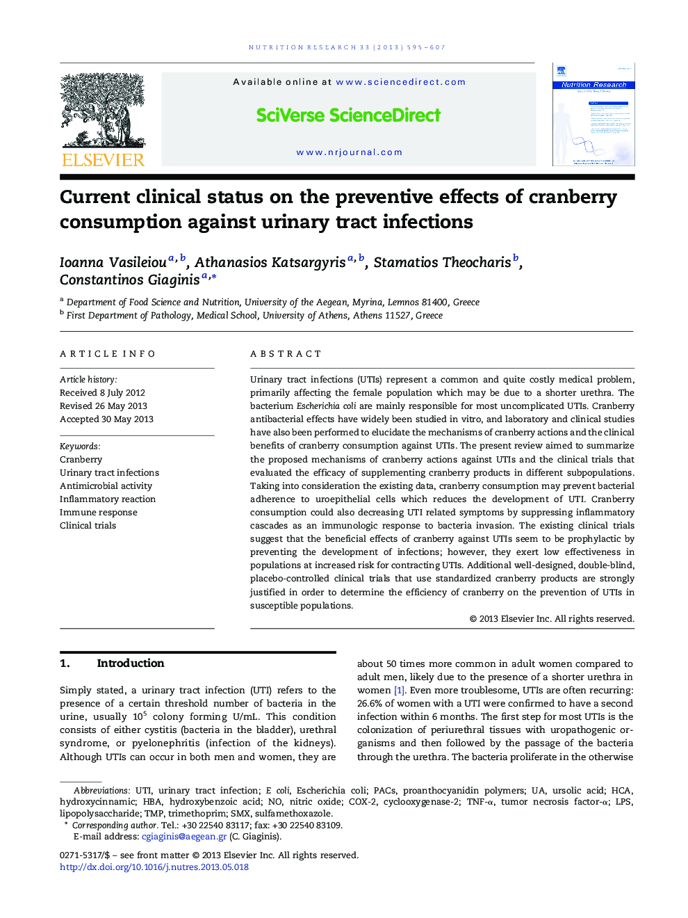 Current clinical status on the preventive effects of cranberry consumption against urinary tract infections