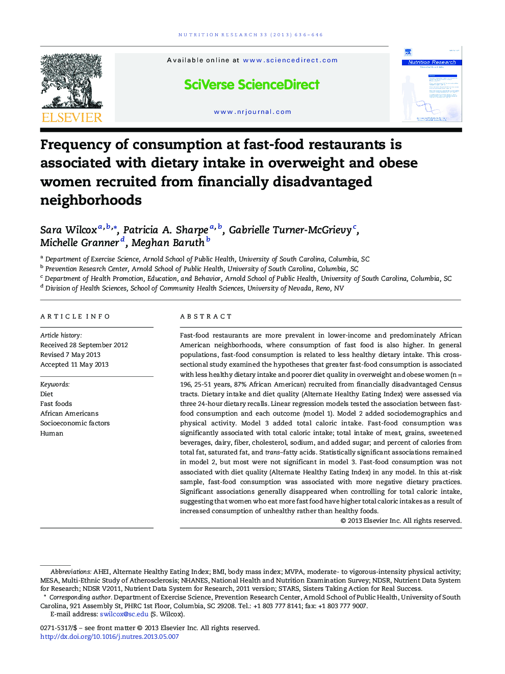 Frequency of consumption at fast-food restaurants is associated with dietary intake in overweight and obese women recruited from financially disadvantaged neighborhoods