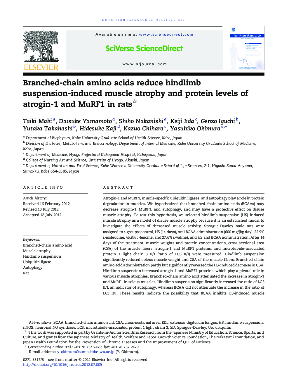 Branched-chain amino acids reduce hindlimb suspension-induced muscle atrophy and protein levels of atrogin-1 and MuRF1 in rats 